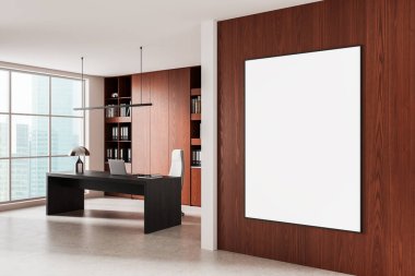 Çağdaş ofis içi, ahşap duvarda büyük boş poster modeli, asgari masa, ve dahili raflar, 3D oluşturma