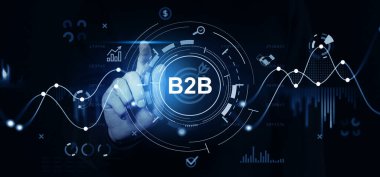 İnsan eli dijital B2B arayüzü ile etkileşime girer analitik simgeler ve grafikler içeren, karanlık arka planda fütüristik stil, e-ticaret konsepti