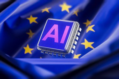 Pembe ve mavi renkli yapay zeka mikroçipi Avrupa Birliği bayraklarında dalgalanan fütüristik grafik tarzı. Yapay zeka teknolojisi ve dijital düzenleme kavramı. 3B Hazırlama