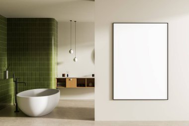 Çağdaş banyo, yeşil fayans duvarı, beyaz küvet, ve açık bej arka planda dikey boş poster modeli. Duvar sanat tasarımı kavramı. 3B Hazırlama