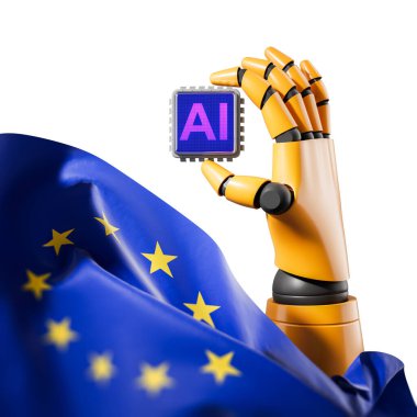 Avrupa Birliği bayrağının yanında yapay zeka çipi sallayan robotik el, beyaz arka planda fütürist teknoloji tarzı. Avrupa 'da yapay zeka kavramı. 3B Hazırlama