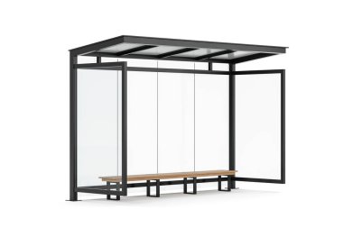 Temiz cam panelleri olan şehir otobüs durağı barınağı ve beyaz arka planda minimal grafik tarzda ahşap bank. Taşıma şablonu konsepti. 3B Hazırlama