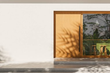 Beyaz duvar ve beton basamaklarla çevrili, dikey çizgileri ve cam paneli olan ahşap ön kapı, modern mimari tasarım konsepti. 3B Hazırlama