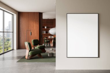 Yeşil sandalyeli, ahşap kaplamalı ve tarafsız bir duvarda boş bir poster modeli olan çağdaş iç mekan, 3 boyutlu tasarım, modern tasarım konsepti