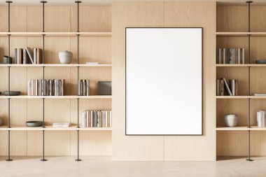 Ahşap duvar rafları, kitaplar, vazolar ve aydınlık ahşap bir duvarın çerçevesinde dikey poster modeliyle minimalist bir iç mekan. 3B Hazırlama