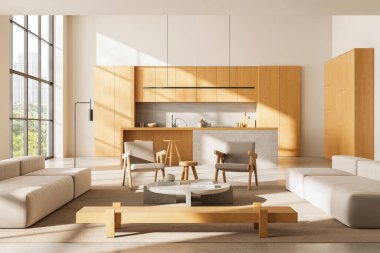 Çağdaş iç mekan, ahşap ve bej mobilyaları, geniş pencereleri ve temiz tasarım konseptiyle minimalist açık mutfak ve yaşam alanını gösteriyor. 3B Hazırlama