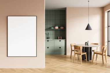 Çağdaş mutfak ve yemek odasının içinde ahşap sandalyeler, yuvarlak masa, pastel duvarlar ve temiz duvarda dikey poster modelleri var. 3B Hazırlama