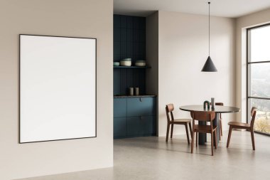 Minimalist yemek odası iç mekanı. Işık duvarında boş poster modeli, modern mobilyalar ve rahat mutfak köşesi, 3 boyutlu dekorasyon.