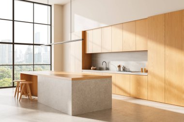 Ahşap dolap ve beton adalı çağdaş mutfak iç tasarımı, minimalist stil, gündüz şehir manzarası arka planı, modern yaşam konsepti, 3D canlandırma