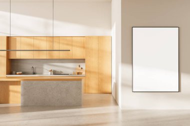 Ahşap kabini, taş ada ve tarafsız duvarda büyük beyaz posteri olan çağdaş mutfak tasarımı, asgari iç mekan konsepti. 3B Hazırlama