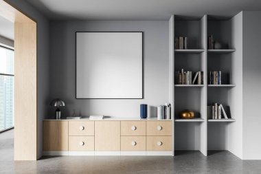 Günümüzde aydınlık ahşap dolap, açık kitaplık ve gri duvarda büyük kare poster modeli, 3 boyutlu tasarım, ev tasarımı konsepti