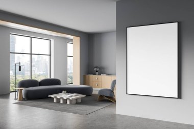 Çağdaş oturma odası içi büyük boş duvar posterleri, minimalist mobilyalar ve şehir siluetini gösteren panoramik pencerelerle dolu. 3B Hazırlama