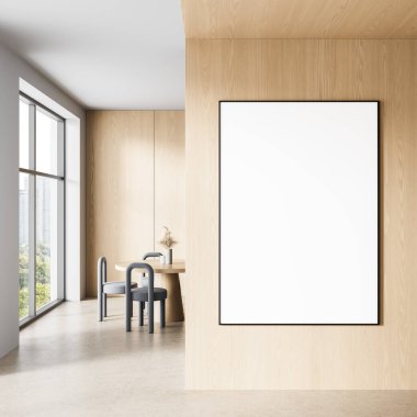 Ahşap duvarları olan parlak minimalist iç mekan, büyük dikey poster modelleme sistemi, yumuşak gün ışığı, modern tasarım ve mimari kavramı. 3B Hazırlama