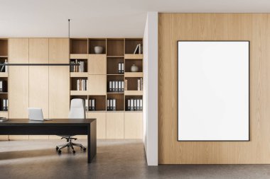 Çağdaş ofis içinde ahşap duvar, dikey poster modeli, minimalist tasarım tarzı, beton zemin arka planı, çalışma alanı kavramı. 3B Hazırlama