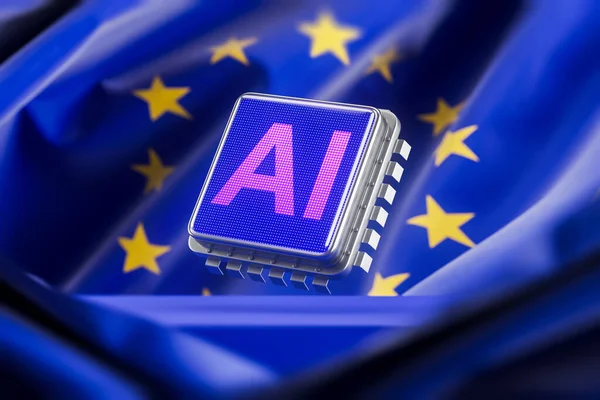 Pembe ve mavi renkli yapay zeka mikroçipi Avrupa Birliği bayraklarında dalgalanan fütüristik grafik tarzı. Yapay zeka teknolojisi ve dijital düzenleme kavramı. 3B Hazırlama
