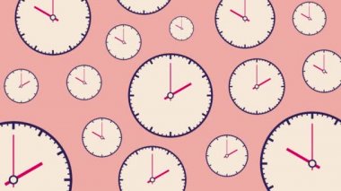 Düz beyaz açık pembe arka planda hareketli oklar ile farklı boyutta saatler.