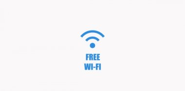 Beyaz arka planda animasyon ile Wi-Fi ücretsiz mavi yazıt ve simge.