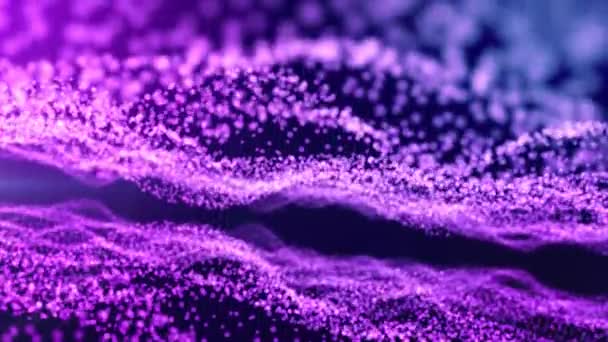 Gradiens lila háttérrel oszló, fényes részecskéket alkotó hullámos felület.