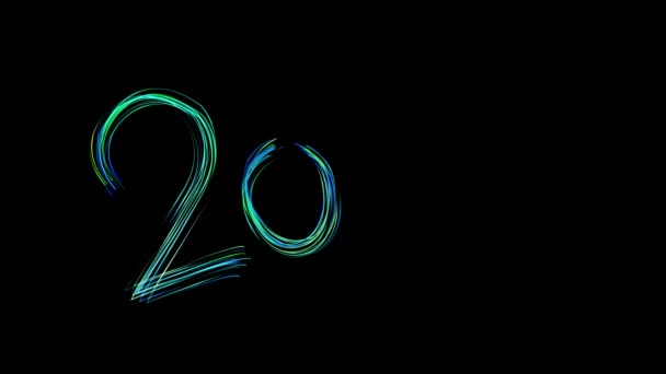 Opkomende gloeiende Turquoise inscriptie 2020 op zwarte achtergrond uit vele lijnen. — Stockvideo