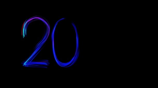 Framväxande glödande blå inskription 2020 på svart bakgrund från många rader. — Stockvideo