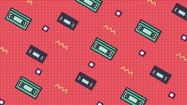 Animated pink background with moving video cassettes, wavy lines and squares. — Stock Video