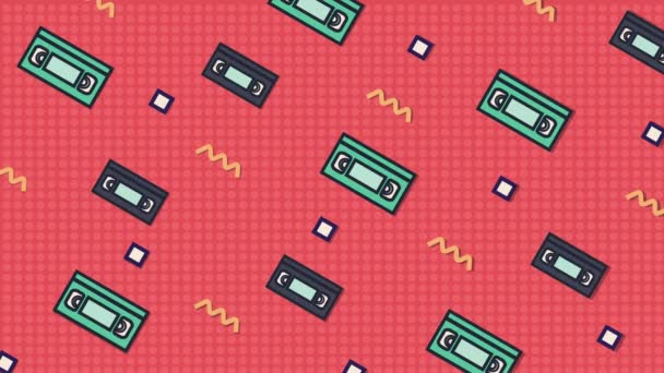Animated pink background with moving video cassettes, wavy lines and squares. — Stock Footage Animated pink background with moving video cassettes, wavy lines and squares. Stock Video