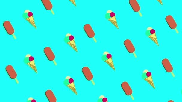 Luz de neón en la animación de vídeo con cono de helado, lolly hielo sobre fondo azul . — Vídeo de stock