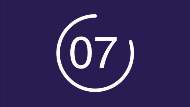 Digitaler Countdown-Timer im weißen Kreis für 10 Sekunden auf lila Hintergrund. — Stockvideo