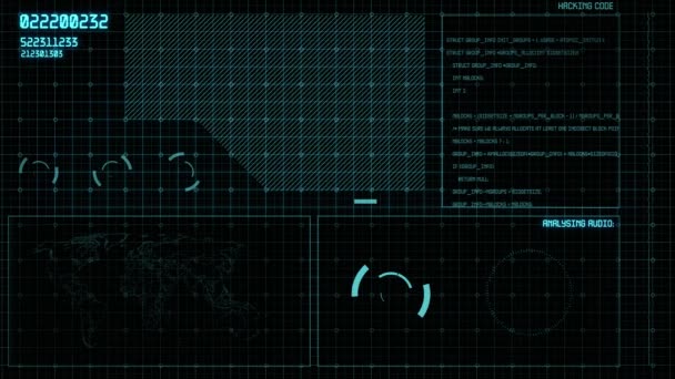 Hud Futuristic 4k Ui Interface. Monochromatické vizuální zobrazení: anténní průzkum, grafy, údaje, indikátory . — Stock video