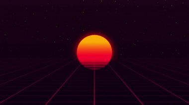 Günbatımını mor ızgarada gösteren video animasyonu, yıldızlarla uzay gökyüzünü hareket ettiren.