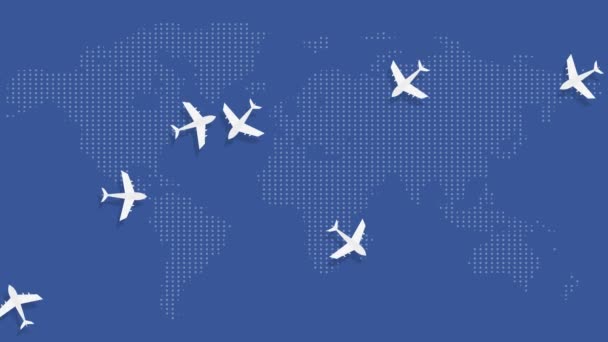 Animation vidéo avec des avions volant sur le fond de la carte du monde en couleur bleue. — Video