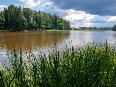 Güzel bir göl ve bulutlar Resmi, yansımaları ile yaz güneşli bir gün, Letonya