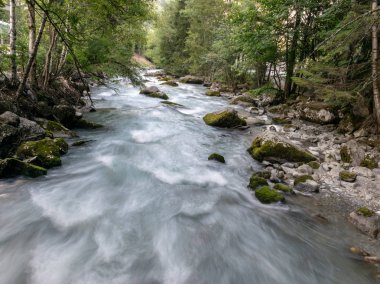 dağlarda küçük nehir, pürüzsüz su seviyesi ve rüya gibi etkisi için yavaş deklanşör hızı, Alpler
