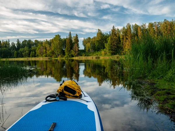 sup tahtasından alınan resim, gölde akşam renkleri, koyu ağaç siluetleri, Vaidava Gölü, Letonya