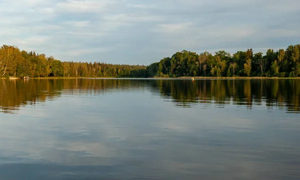 picture taken from sup board, evening colors on the lake, dark tree silhouettes, Lake Vaidava, Latvia