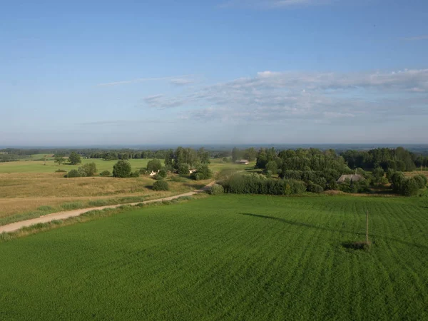 Blick Auf Ländliche Landschaft Morgennebel Getreidefelder Der Ferne Aufnahme Vom — Stockfoto