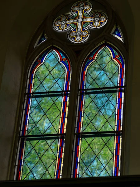 Beautiful Church Stained Glass Windows Beautiful Colors Glare Light — Stock Photo, Image