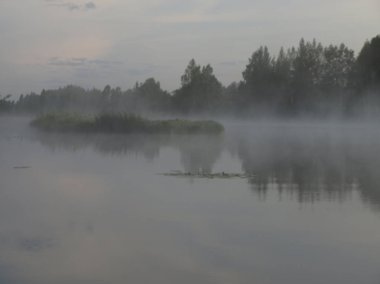 gölde sabahın erken saatlerinde, su, sis, bir ayna olarak su gökyüzünün güzel yansımaları