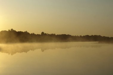 sisli yaz sabahı bir nehir üzerinde gündoğumu, suda gökyüzü yansımaları, buharlı su sisli yansıması, Salaca nehri, Letonya