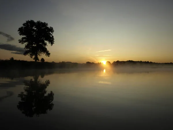foggy blured orange sunrise at a river, the burning sky is reflected in calm water , dark tree silhouettes, Salaca river, Burtnieks lake, Latvia