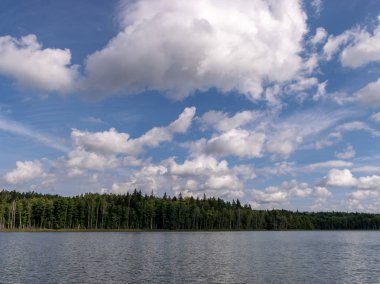 güzel göl manzarası, güzel gökyüzü, Beyaz bulutlar ile mavi gökyüzüne karşı Sakin göl yansıması, Valdis gölü, Turna, Letonya
