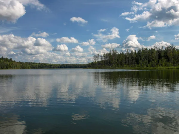 美しい湖の眺め 美しい空 白い雲と青い空に対する穏やかな湖の反射 バルディス湖 ターナ ラトビア — ストック写真