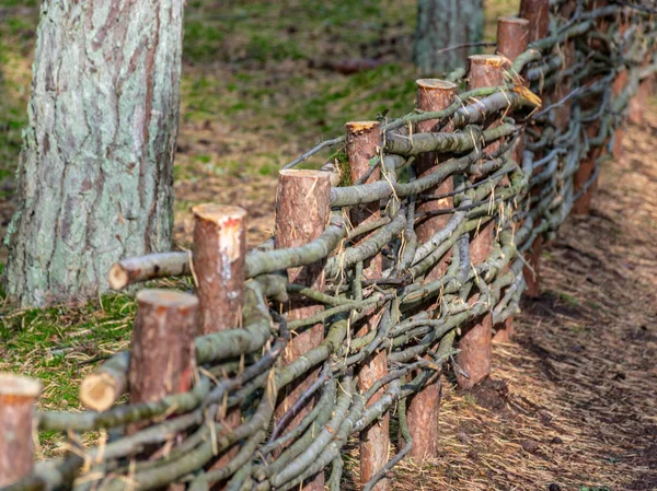 Mooie Houten Gevlochten Hek Met Gebogen Boomtakken Houten Hek Koerse — Stockfoto