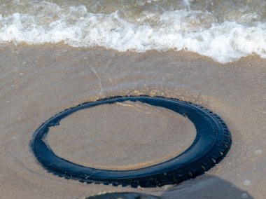 Baltık Denizi'nin kumlu plajıgörünümü. Eski araba lastikleri ve beton ile Seashore, insan atıkları, Curonian Spit, Rusya