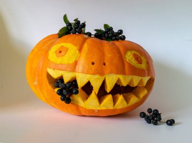 güzel oyma kabak, siyah meyveleri, güzel sarı dişler, büyük ağız, ışıklı ile dekore