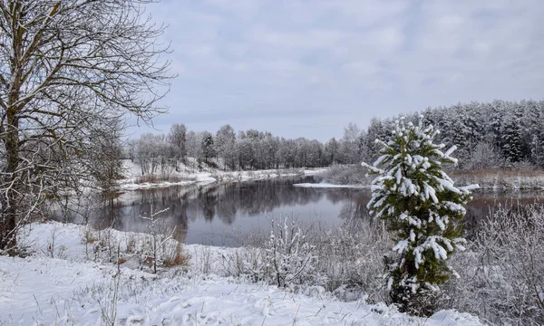 Vista Belo Dia Inverno Rio Árvores Nevadas Muitas Nuvens Belas — Fotografia de Stock