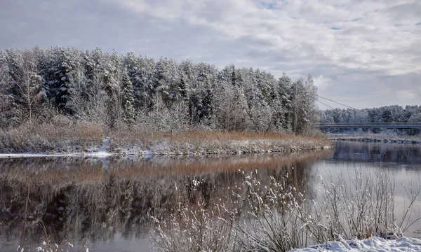 güzel nehir kış günü görünümü, karlı ağaçlar, birçok bulutlar, güzel yansımaları, sakin nehir suyu, Gauja nehri, Valmiera, Letonya