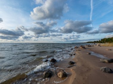 gün batımından önce taş ve ışık çim ile deniz manzarası görüntü, sessiz deniz. baltık denizi, Tuja beatch, Letonya