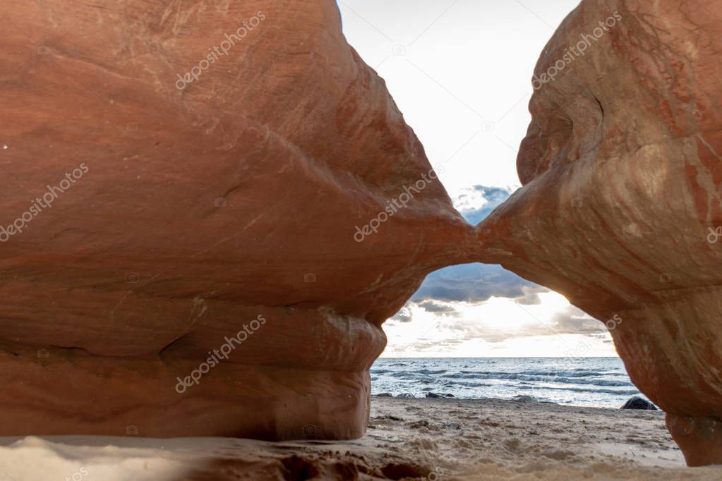 landscape with sandstone cliff, interesting sand structure and formations, Veczemju clifts, Latvia