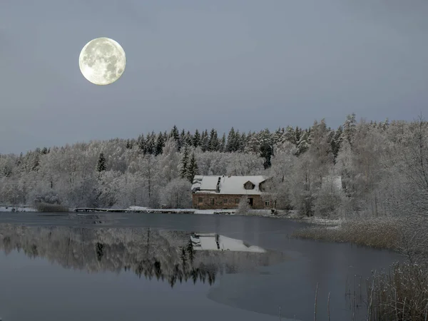 Vinterlandskap Med Snötäckta Träd Vacker Sjö Och Bländning — Stockfoto